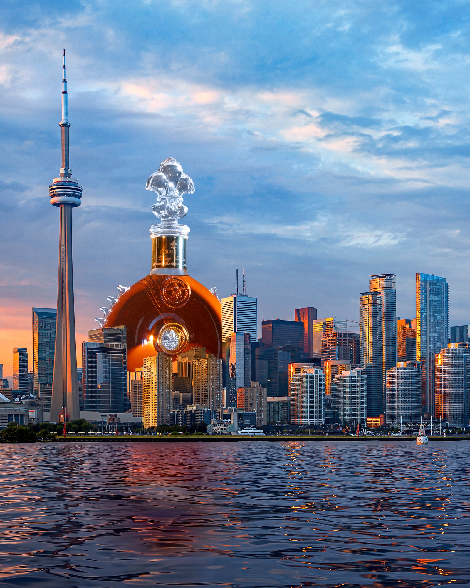 A lifestyle photo of LOUIS XIII decanter among buildings of Toronto