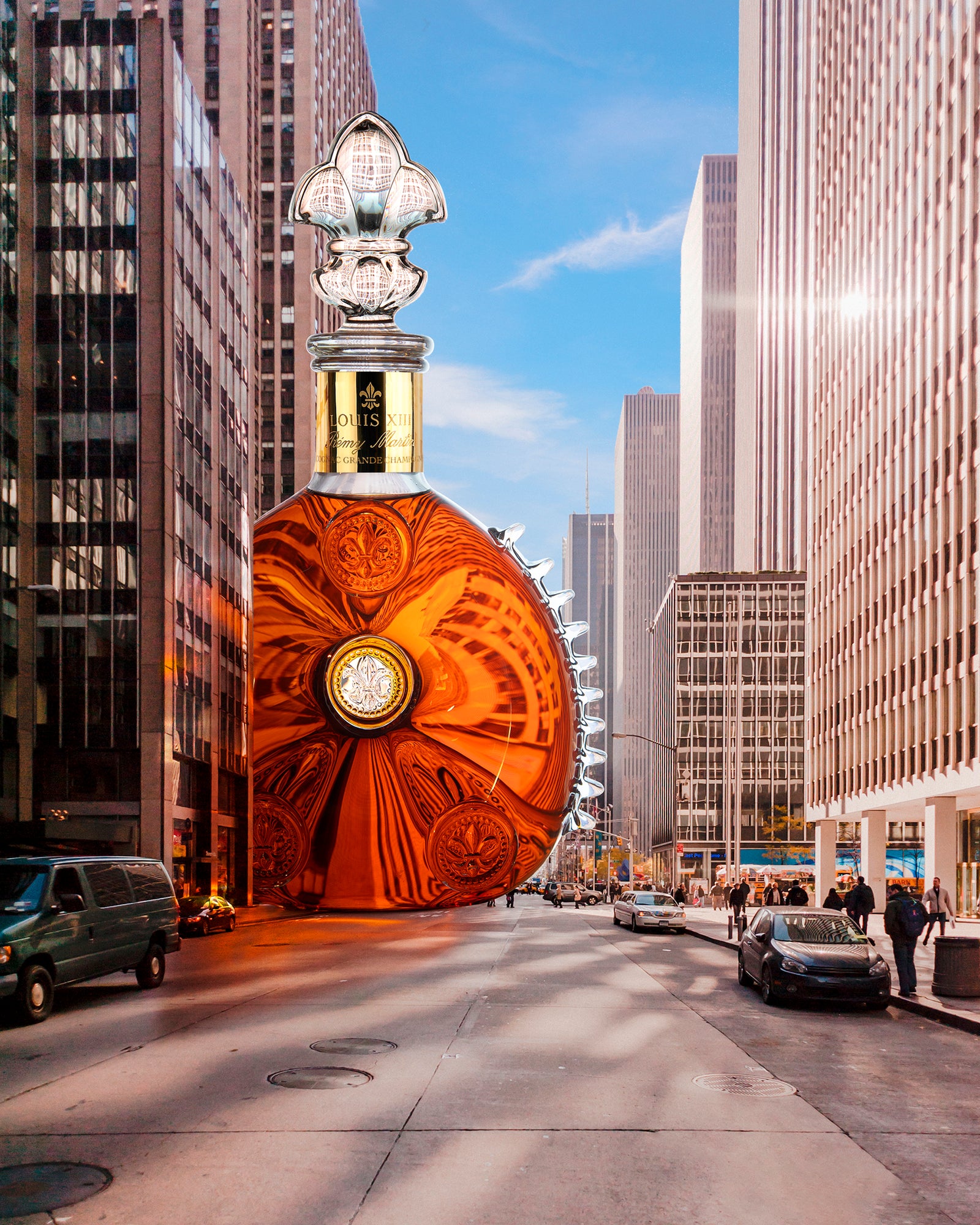 A lifestyle photo of LOUIS XIII decanter among buildings of New York City