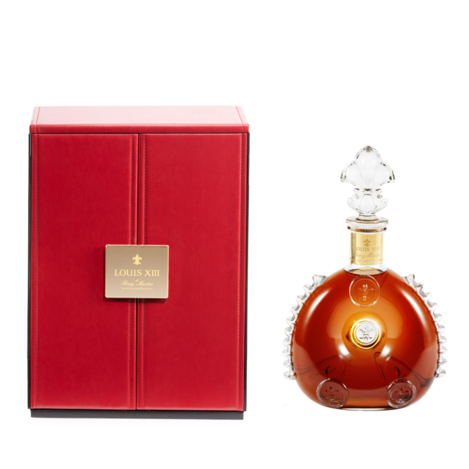 A packshot of LOUIS XIII Magnum decanter, close to a closed red packaging,  on a white background