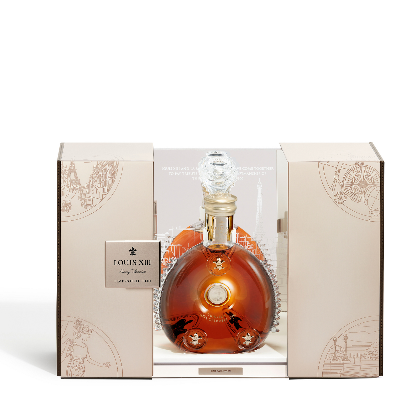 A packshot of LOUIS XIII City of Lights 1900 decanter in an open packaging